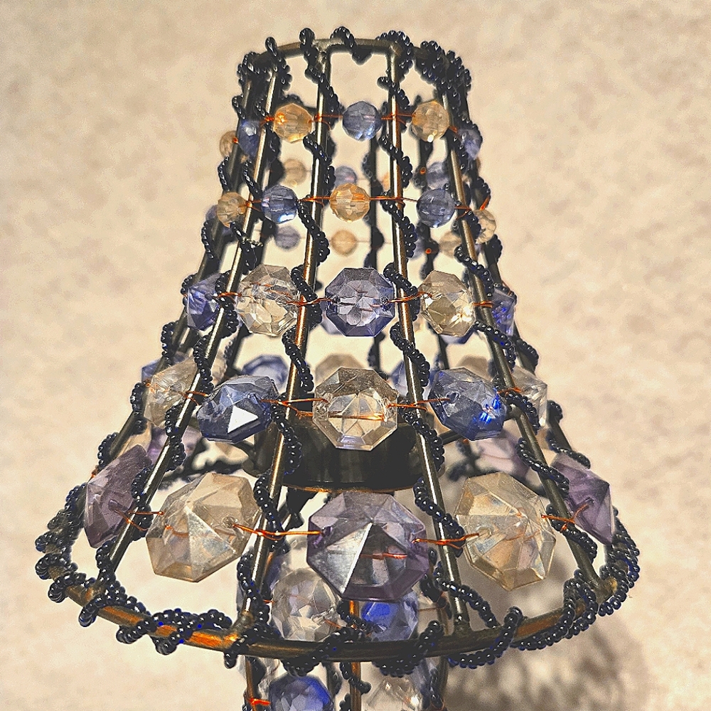 Bronze Parlor Lamp 12" Tealight Candle Holder Blue Beaded Copper Wire Wrapped - Picture 5 of 6